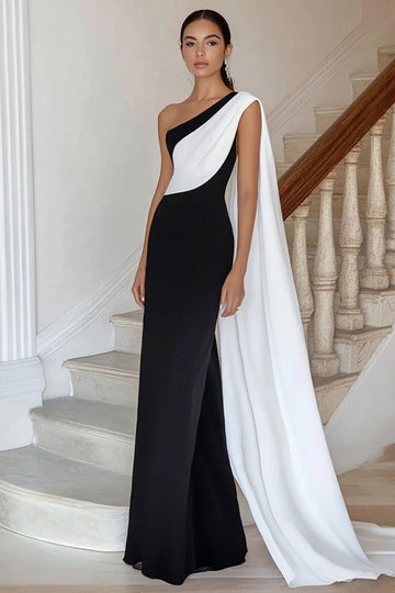 Black White Sheath Long Satin Formal Dress with Side Cape